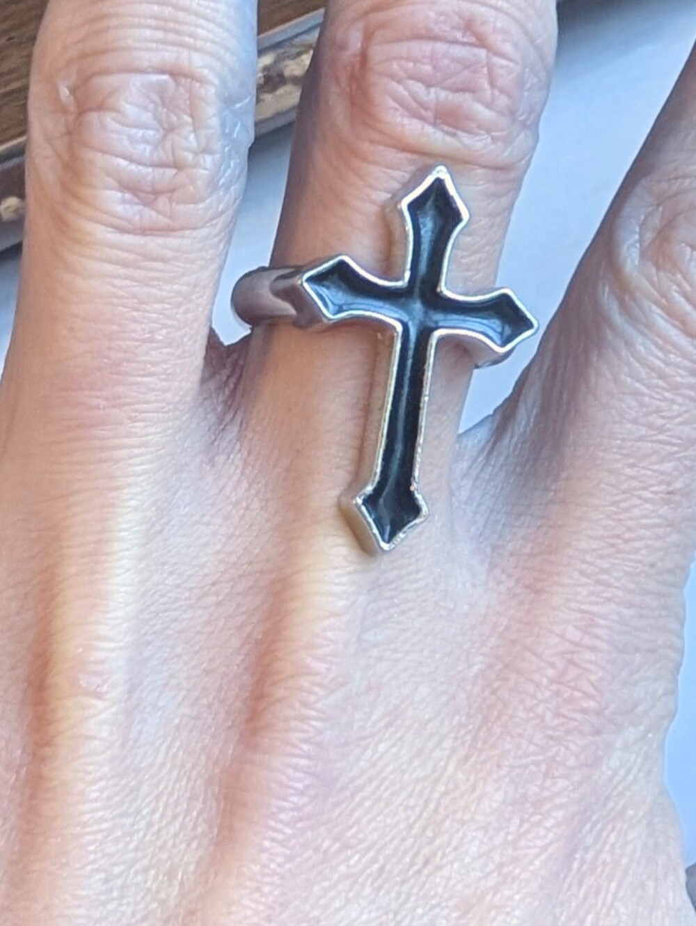 NWT Large Silver and Black Cross Ring Adjustable Size Unisex - Picture 9 of 10